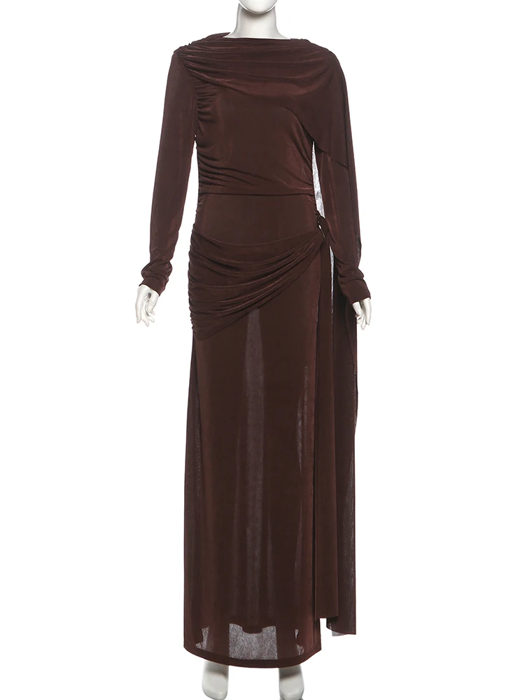 Nibber Fashion Ruched Casual Maxi Dress Woman Elegant o-Neck Full Sleeve Ribbon Decoration Daily Versatile Style Skinny Vestidos