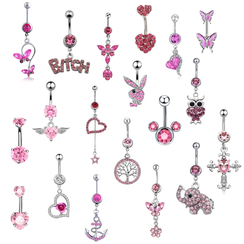 1PC Boho Pink Zircon Belly Button Rings Dangle Heart Butterfly Navel Piercing Surgical Steel Belly Bar Body Piercing Jewelry