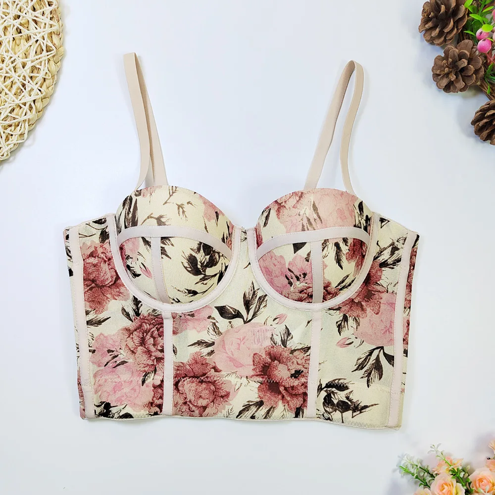 

SsTss Women Retro Style Floral Print Camisole 2024 New Fashion Summer Insert Padded Fishbone Push Up Skinny Bustier Corset Bra