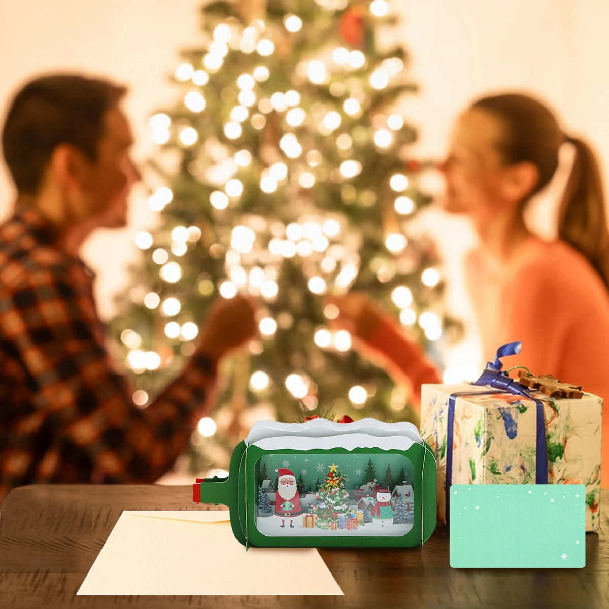 Wish Car Santa Snowman Christmas Tree with Pop Up DIY Card 3D Christmas Drift Bottle Greeting Card with Envelope for Party Favor