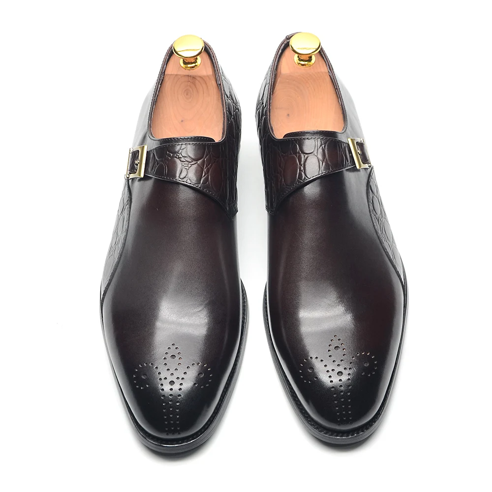 Leather Shoes Classic Designer Monk Strap Dress Shoes for Men Genuine Cow Leather Single Buckle Crocodile Prints Oxford Business Men's Shoe
