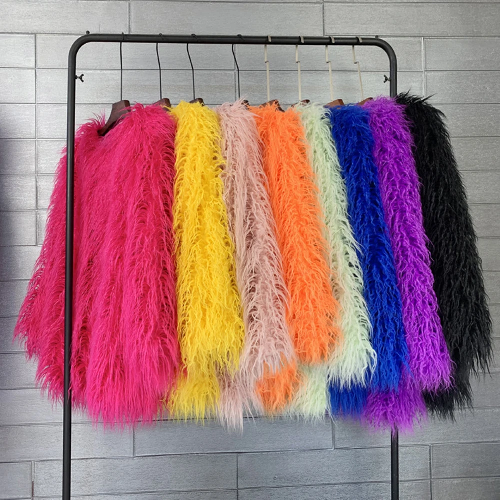 Fluffy Faux Fur Coat for Women Winter Jackets Female Long Sleeve Green Orange Sheep Fur Jacket Candy Color Festival Party Coats
