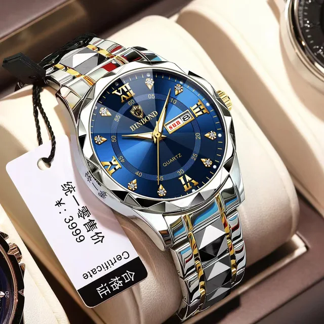 BINBOND Original Men s Luxury Stainless Steel Waterproof Fashion Business Watch Luminous Dual Calendar Quartz Wrist Watch