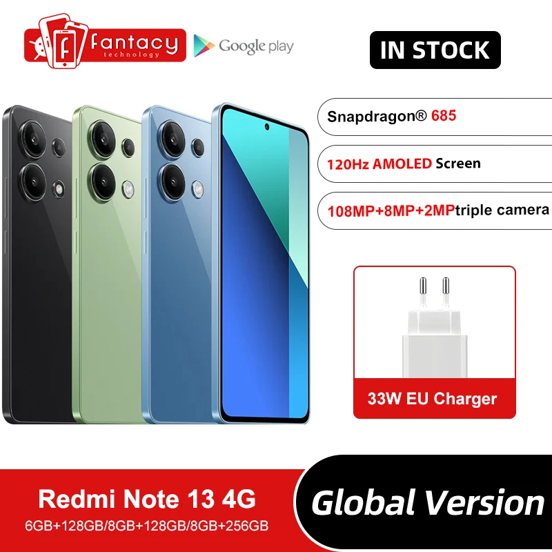 Xiaomi Redmi Note 13 4G Global Version 5000mAh Snapdragon® 685 108MP camera 120Hz AMOLED display 33W charging