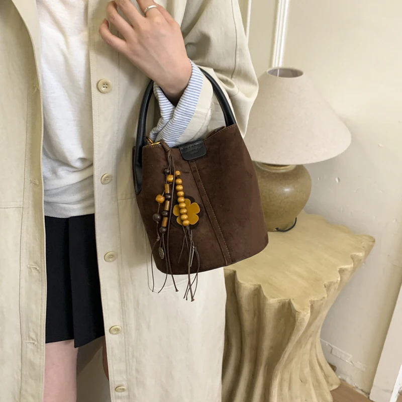 Faux Suede Casual Shoulder Bag Large Capacity Stylish Satchel Bag Solid Color Vintage Crossbody Bag Commute Bag with Purse