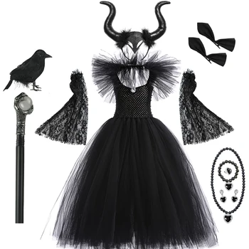 Costume di Halloween per bambini Abiti cosplay per strega cattiva Ragazza travestimento Abito per bambini Malefica Abiti in tulle nero Abiti da festa fantasy