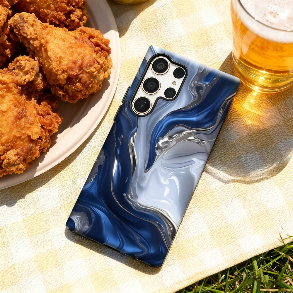 Blue and Silver Flowing Texture Glossy Double-Layer Phone Case