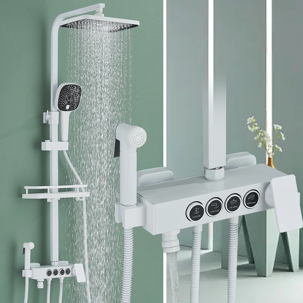 White Hot and Cold Bathroom Shower Faucet Set Grey 4/3 Ways Rainfall Bath Mixer Tap with Tub Spout Bidet Crane Hot Cold System T