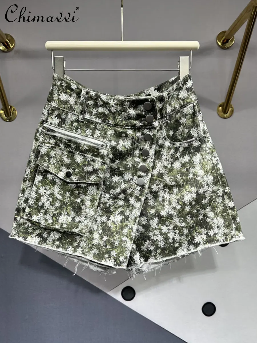 Fake Two-Piece Printing Denim Short Culotte Female European Summer New Fashion Slim-fit Big Pocket A- Line Wide-Leg Hot Pants