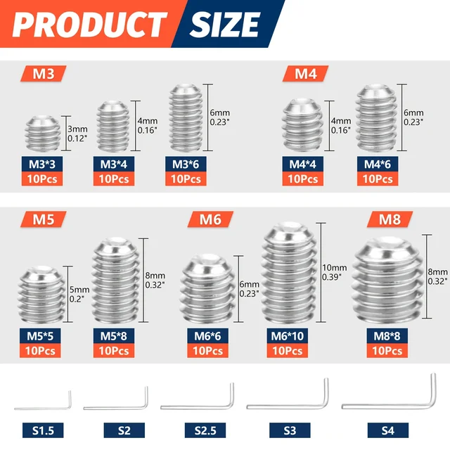 100 ชิ้นชุดสกรู Assortment Kit M3 M4 M5 M6 M8 พร้อมปุ่มอัลเลน 304 สแตนเลส Grub สกรูสําหรับติดตั้งลูกบิดก๊อกน้ําและอื่นๆ 2