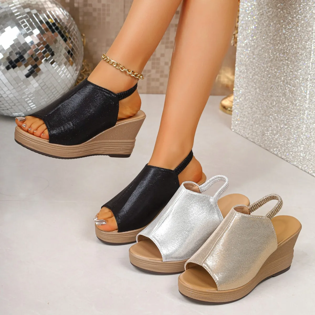 Summer Women wedge heel round head open-toe Back Strap Fish Mouth Sandals Fashiona Platform Slip-On Slippers Casual beach shoes
