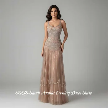 SOLIS Champagne Prom Dresses Spaghetti Strap Gala Dresses Sleeveless Saudi Arabic Glitter Sequin Evening Party Gown Customized 1