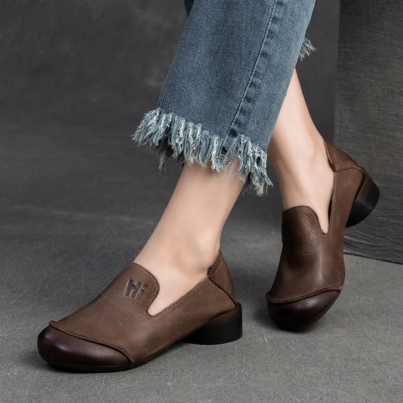 

Birkuir Retro Thick Heel Women Shoes Round Heel Loafers Genuine Leather Round Heel Luxury Short Boots Luxury Soft Ladies Pumps