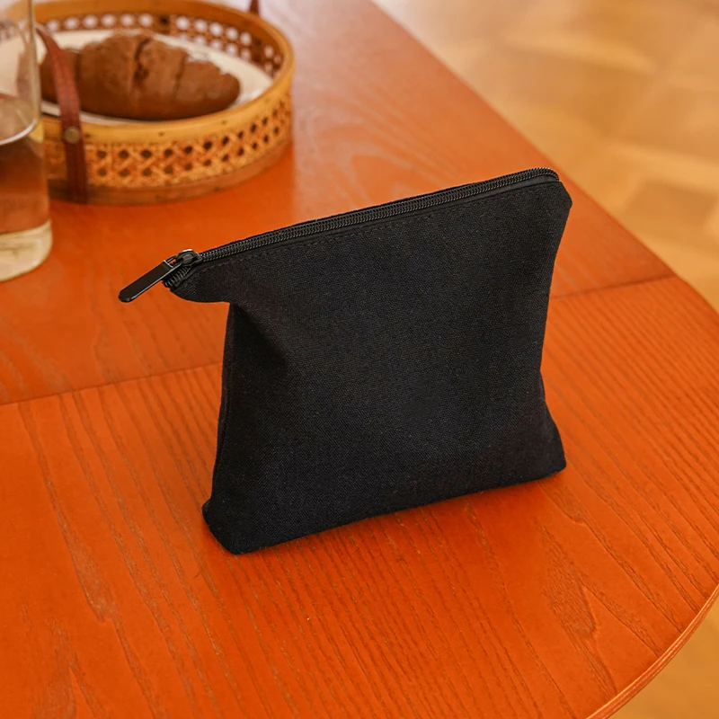 Pure Black Makeup Bag Women's Portable Cosmetic Lipstick Storage Bag Zipper Single Layer Canvas Bag Commuter Toiletry Bag Ins 4