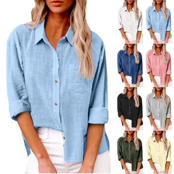 Cotton Linen Long Sleeve Shirts for Women T Shirt Solid Fashion T-Shirt Woman Clothes Tshirt Elegant Casual Tops Tees Streetwear 1