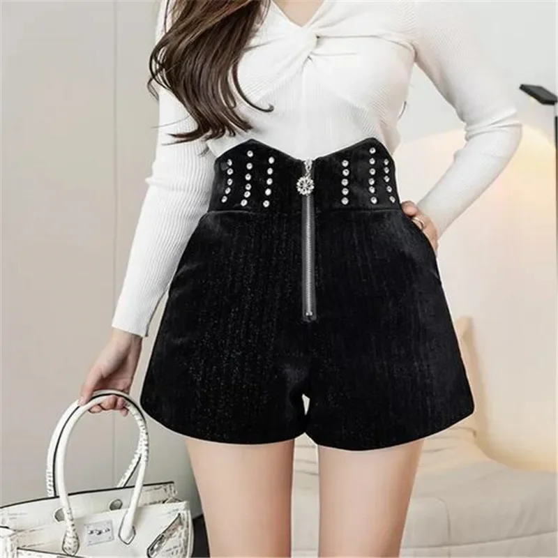 

Winter Velvet Shorts Women Shiny Rhinestone Shorts Irregular High Waist Front Zipper Short Trouser Women Black Plus Size Shorts