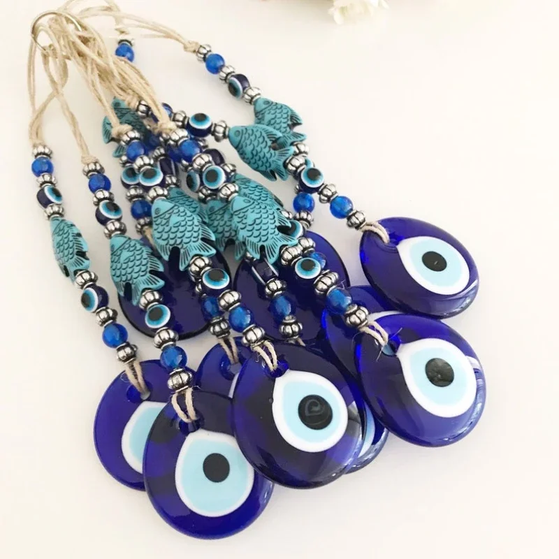 Unique Glass Eye Pendant with Devil's Blue Eye Charm - Fish Shape Hanging Decoration for Home Wall and Car Good Luck Amulet Gift