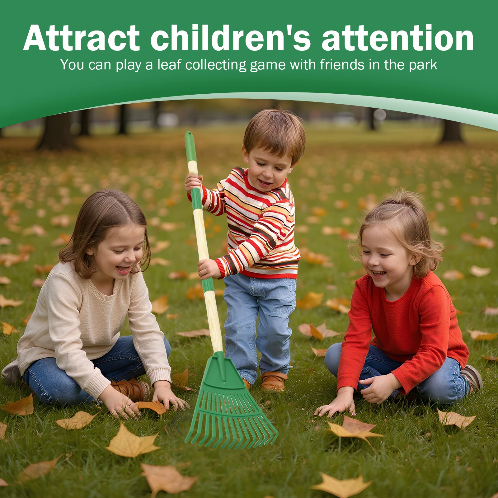 2Pcs Kids Leaf Rake Adjustable Garden Leaves Rakes with 3 Section Removable Handle Gardening Tool Plastic Wood Child Garden Rake