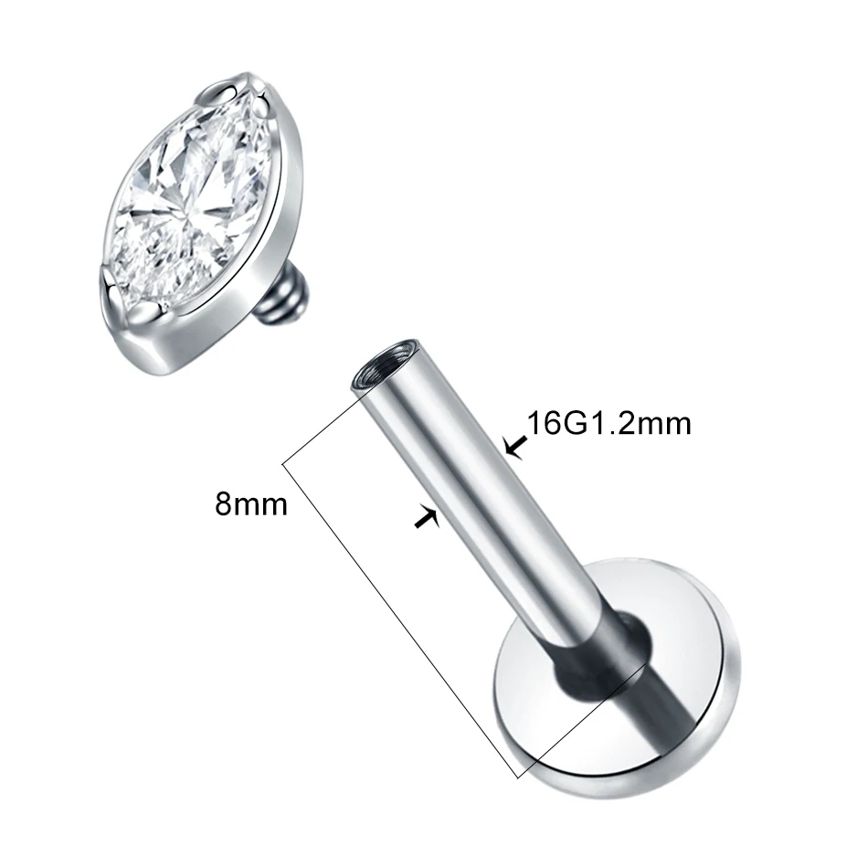 1 STÜCK 16G Titan Helix Piercings Winzige Marquise CZ Tragus Ohrstecker Ohrknorpel Piercing Labret Lippe Flache Rückseite Ohrstecker für Frauen – Detail 3