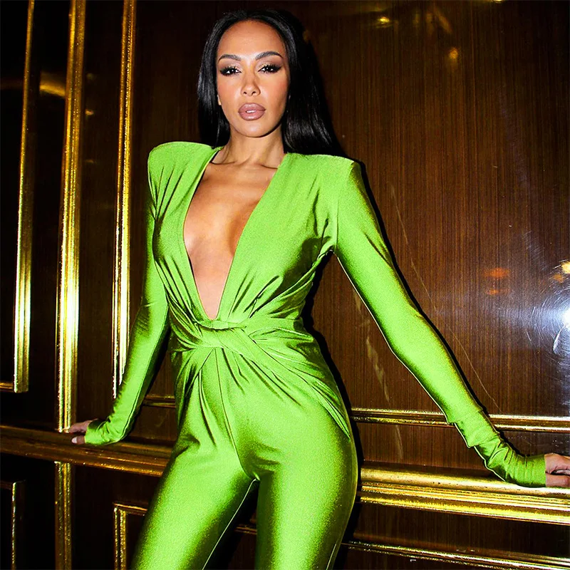 Fall Winter New Women Solid Color  Hollow-Out Long-Sleeved Deep V-Neck Hip-Lifting Sexy Skinny Bodycon Hot Girl Party Jumpsuit