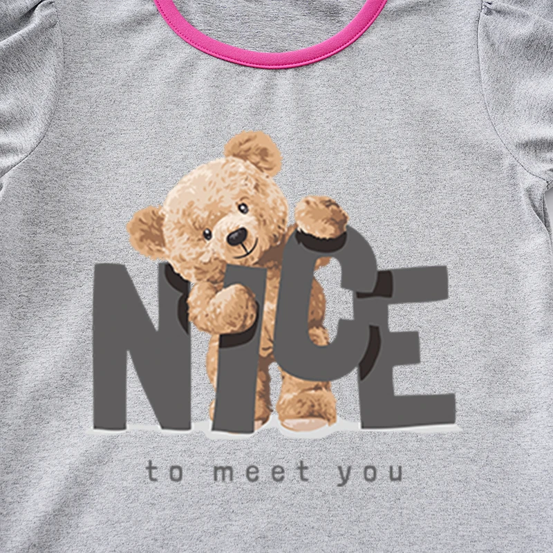 Children's Clothing Boys And Girls Cute Cartoon Teddy Bear Comfortable Round Neck Summer Short Sleeved Baby Gray T-Shirt