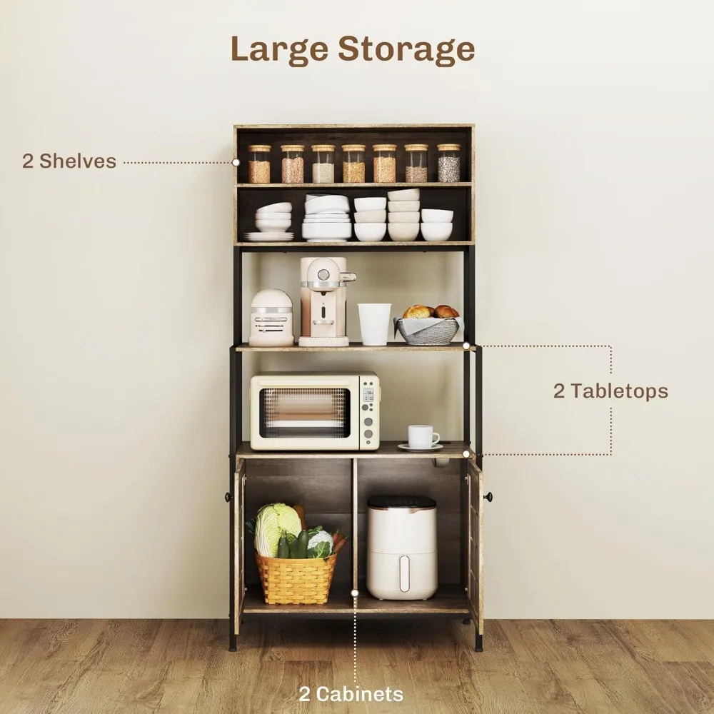 Kitchen Bakers Rack with Power Outlet, Coffee Bar Cabinet with Storage Shelves, Microwave Stand Louvred Door Cabinets
