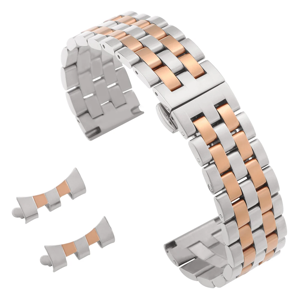 Curved End Solid Stainless Steel Watch Bracelet with Butterfly Clasp