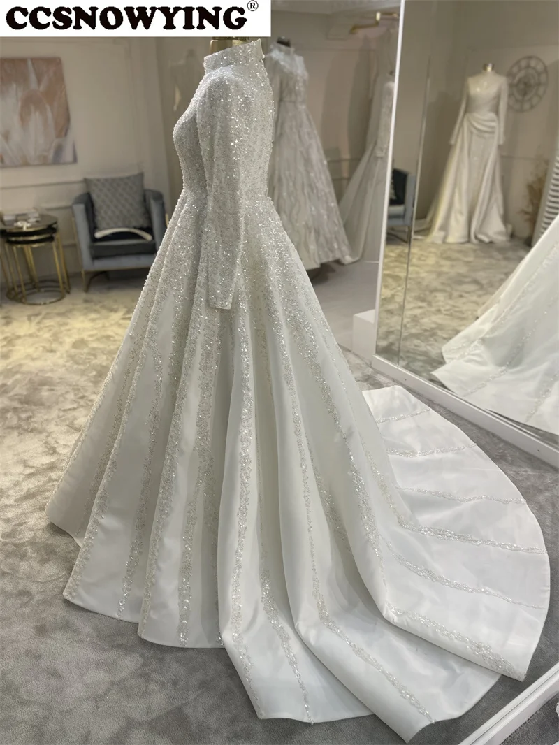 Luxury Satin Appliques Wedding Dress for Bride Long Sleeve High Neck Dubai Arabic Hijab Muslim Bride Gown Vestidos De Novia 2