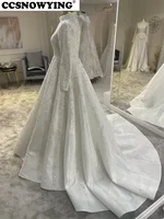 Luxury Satin Appliques Wedding Dress for Bride Long Sleeve High Neck Dubai Arabic Hijab Muslim Bride Gown Vestidos De Novia 2