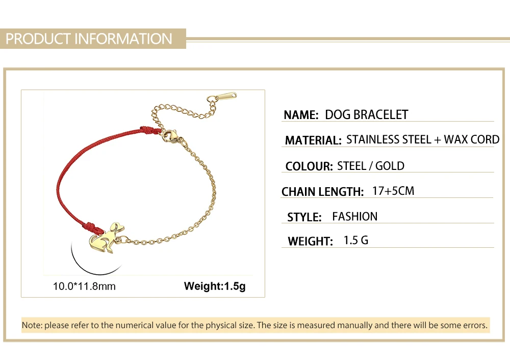 Cute Dog Women's Hand Bracelet Wax Cord Stainless Steel Gold Color - PeticaDeals