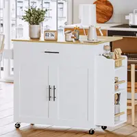 Kitchen Island with Storage, Rolling Kitchen Island on Wheels with Drop Leaf, 3 Open Spice Rack Shelf, Door Cabinet, Drawer 2