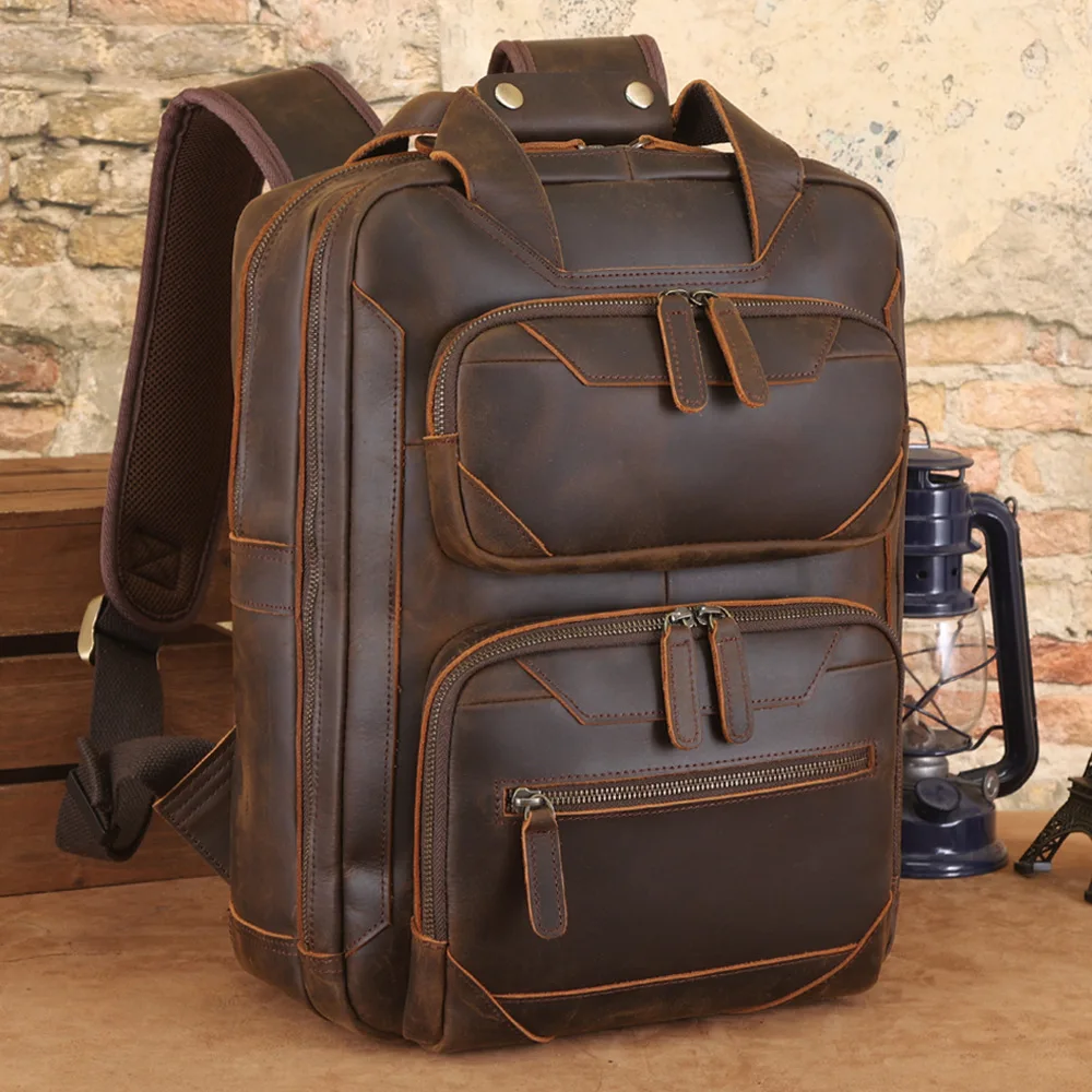 

2024 New Arrivals Leather Backpack For Travel Men Male Cowhide Leather Laptop Bag 15.6" Double Shoulder Bagpack For Man Retro