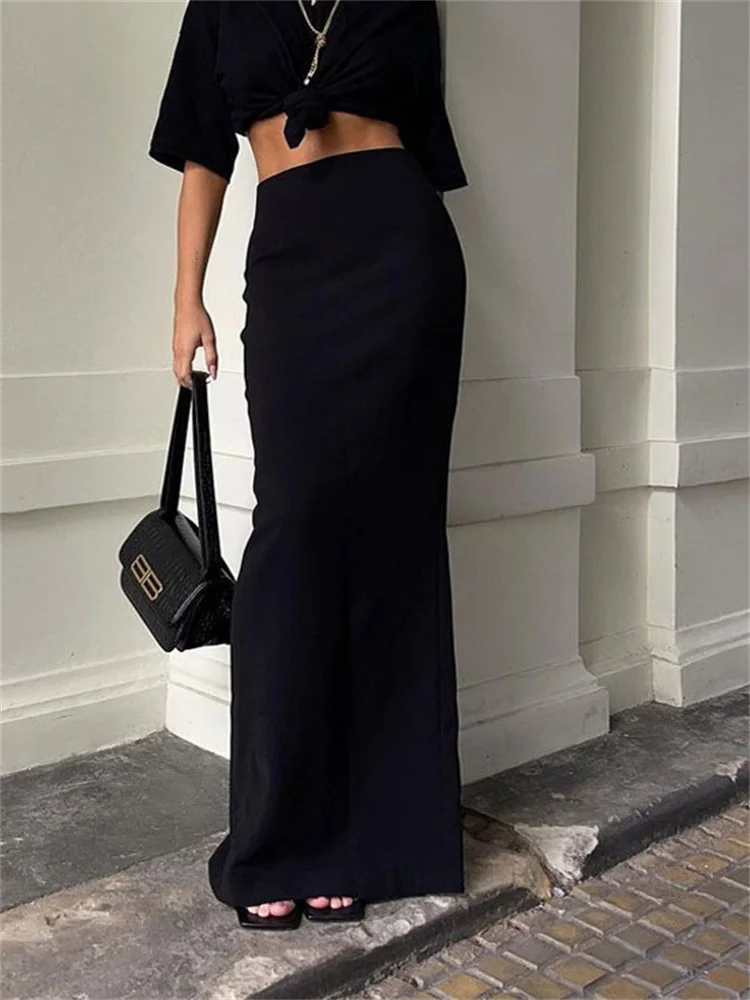 Shiny Black Maxi Skirt – Grey Suede