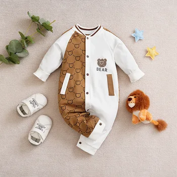 Spring And Autumn Boys And Girls Cute Cartoon Little Bear Printed Cotton Comfortable Casual Long Sleeve Baby Bodysuit 1