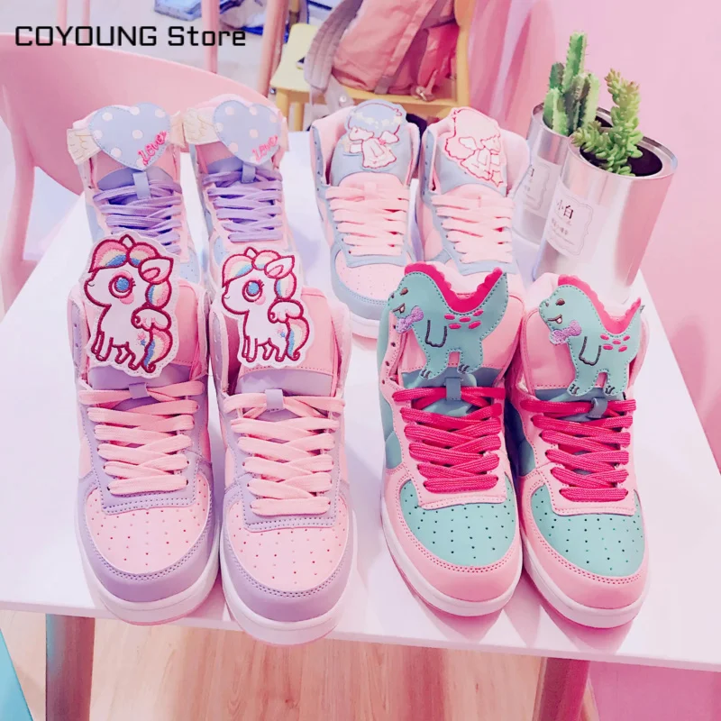 

Hot Anime cosplay japanese sweet lolita shoes round head flat heel high help color matching kawaii shoes loli cos women shoes