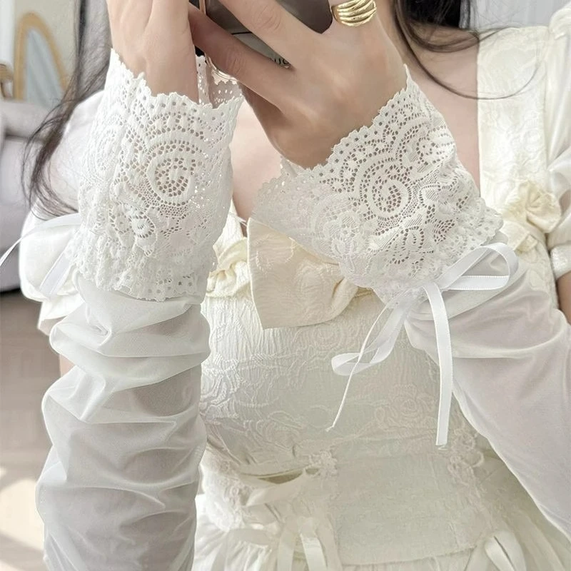 メッシュ網タイツちょう結びロング手袋女性レースフリル指なし手袋