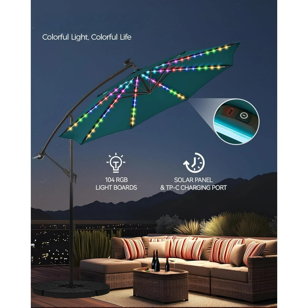 10ft Offset Patio Umbrella with 104 LED Solar Lights, 200+ RGB Flashing Modes & TP-C Charging Port, Umbrella Outdoor Patio 4