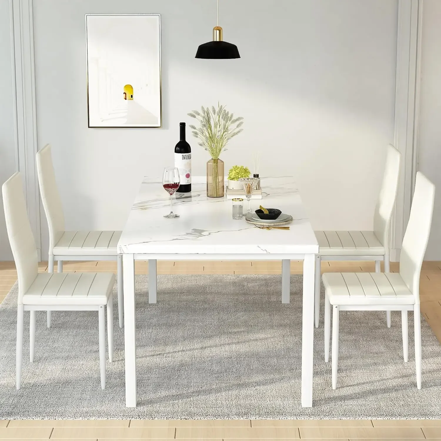 Dining Table Set for 4 Marble Kitchen Table and Chairs for 4, Comfortable PU Leather Chairs,Dining RoomTable Set for Small Space 2