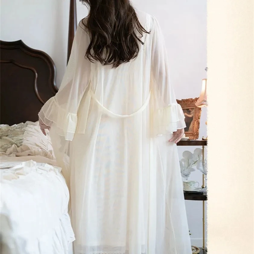 섹시한 여자 Nightdress 레이스 공주 잠옷 슬립 빈티지 레이디 여성 2 Pcs 가운 세트 가을 잠옷 잠옷 목욕 가운 홈 세트