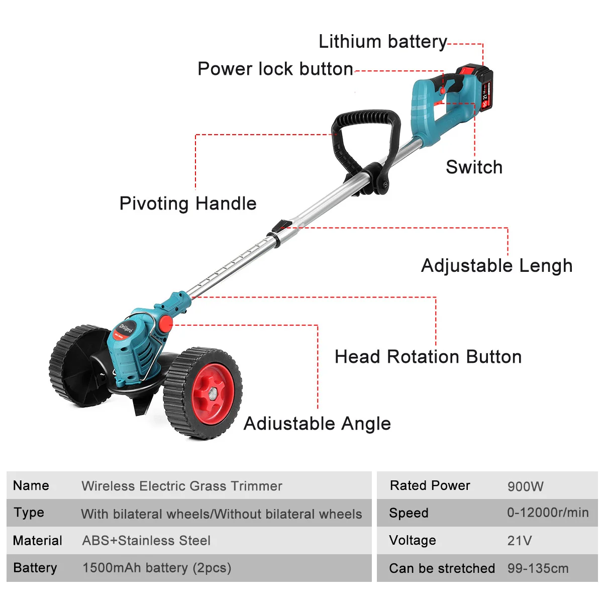 Drillpro 21V 900W elektryczna kosiarka Li-ion akumulatorowa przycinarka do trawy przycinanie narzędzia ogrodnicze kompatybilny Makita 18V bateria