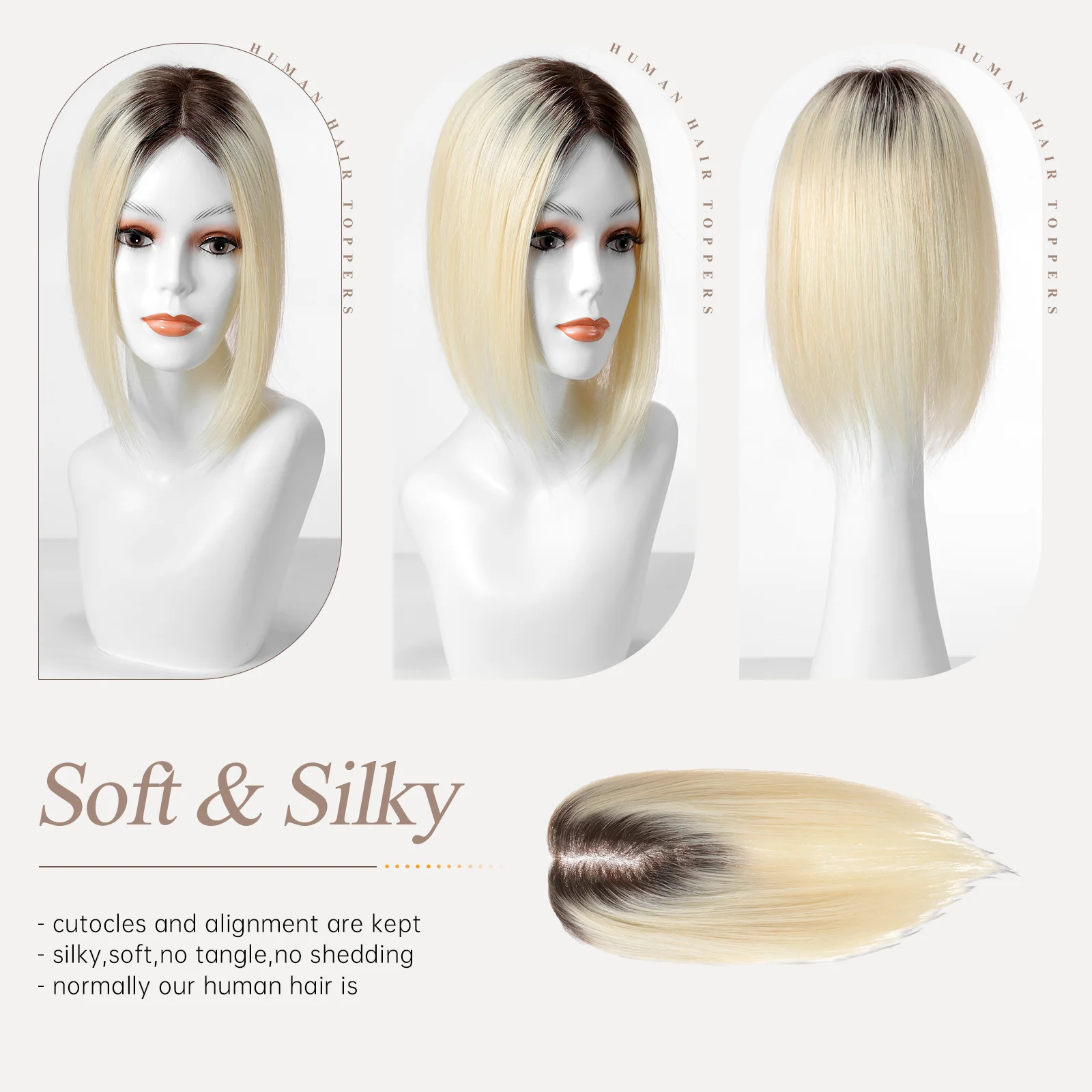 Original Human Hair Topper Women Human Hair Wigs Ombre Blonde Clip in Extensions Hand Tied MONO Base Hairpiece 14 inch,human hair toppers
