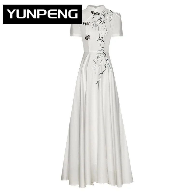 

Fashion Runway dress Summer Women Dress White Crystal Disc Buckle Mandarin Collar High Waist Willow Branch Print Dress