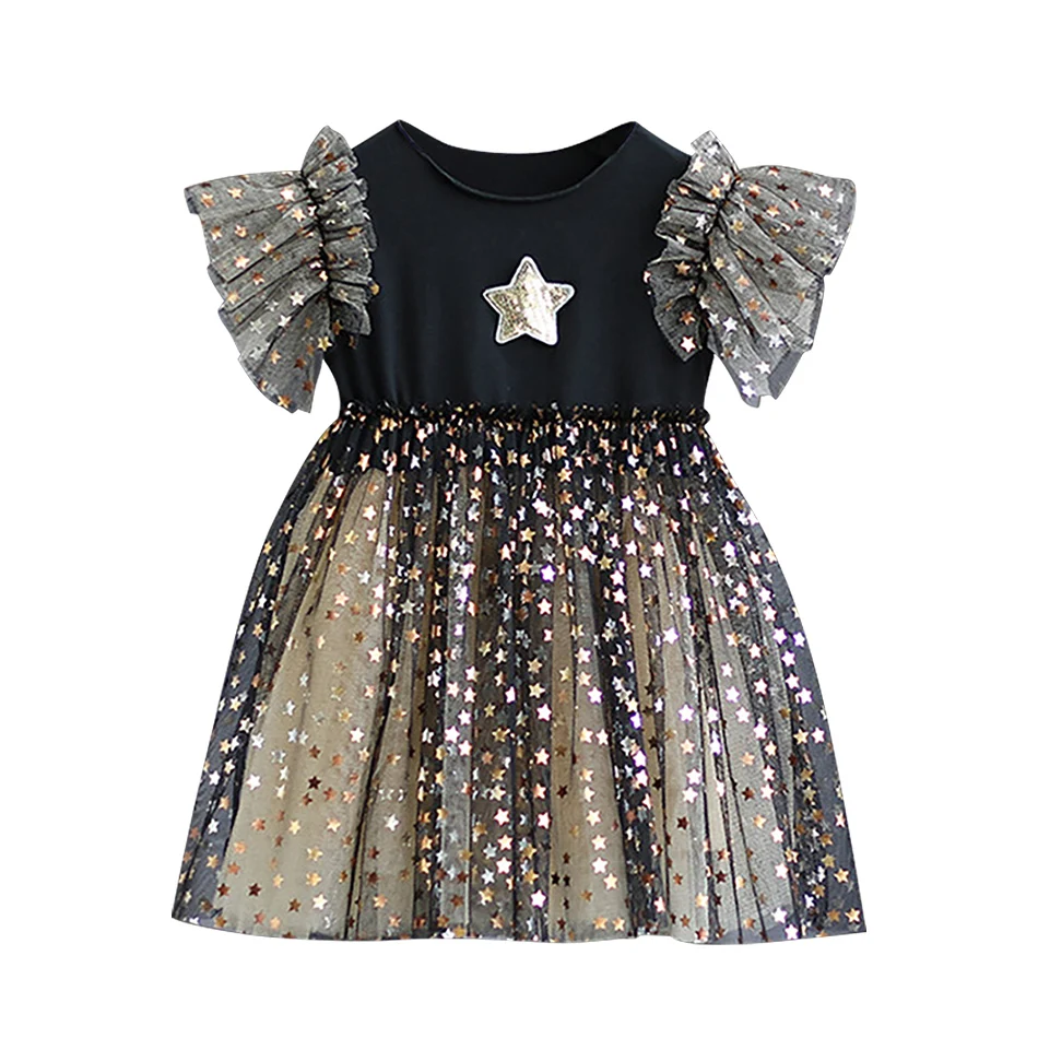 

Детское черное Сетчатое пушистое платье с коротким рукавом и блестками, весенне-летнее повседневное универсальное платье для девочек, подарок на день рождения для девочек