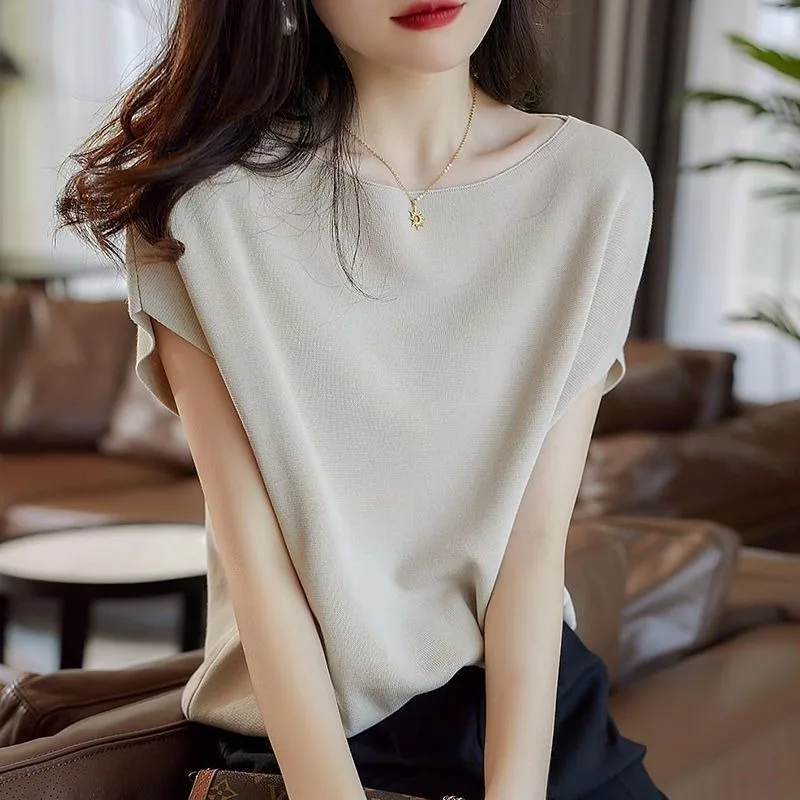 

Ice Silk Short Sleeve T-shirt Female 2024 New Summer Wear Thin Knitwear Loose Batwing Sleeve Western Style Boat Neck Comfort