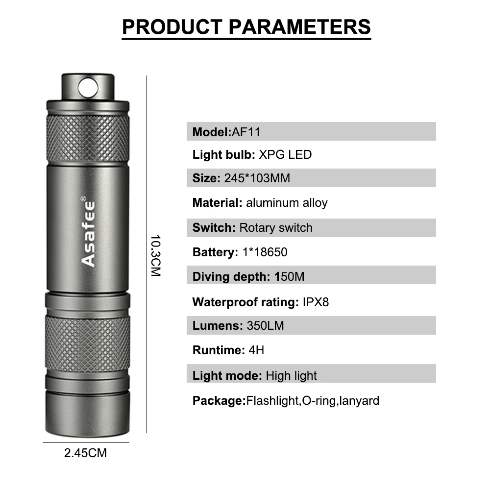 Asafee AF11 150M XPG LED Deep Diving Flashlight 350LM IPX8 Waterproof Rotary Switch High Light Scuba Torch Night Ride Outdoor