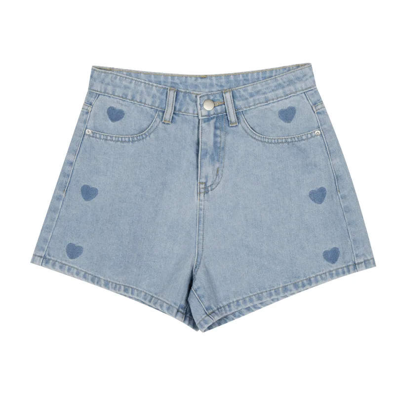 Sweet Love Pattern Embroidery Denim Shorts Female Summer High Waist Wide Leg A-line Mini Shorts Short Jeans Harajuku Cyber Y2k