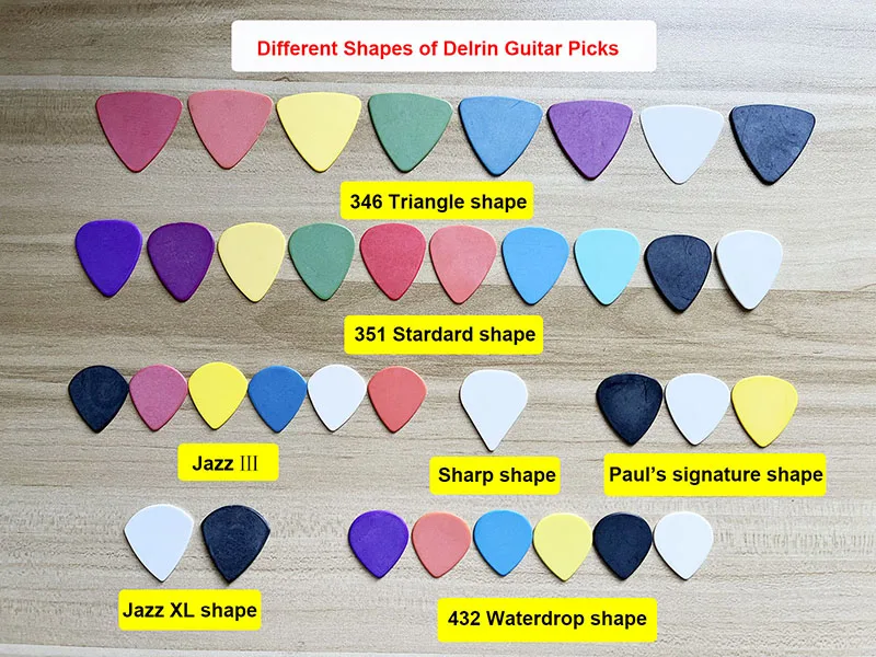 Description Picture 5 of item100pcs Custom Logo Triangle 346 Shape POM Various Colors 0.5mm/0.6mm/0.7mm3/0.88mm/1.0mm/1.14mm Delrin Guitar Picks
