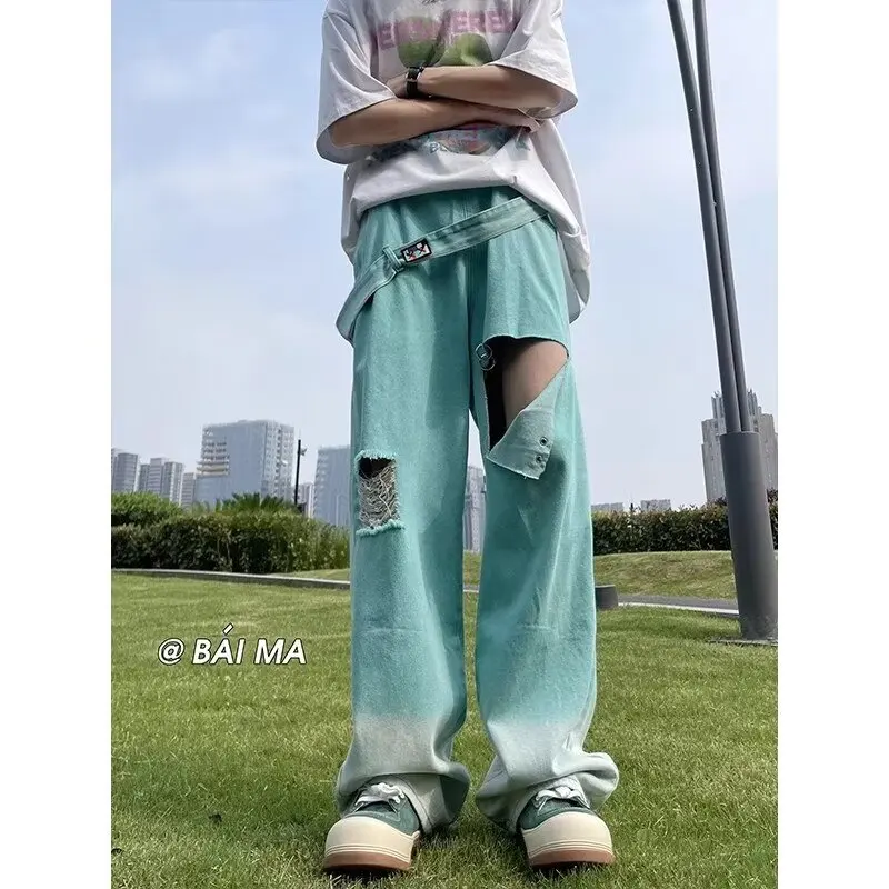 Lake blue side zipper jeans for women in summer dopamine outfit irregular ripped work clothes wide-leg pants