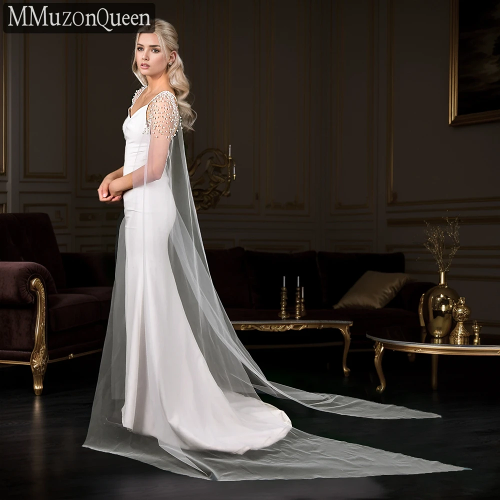 TOPQUEEN Luxuriöser Brautcape für Damen mit langer Schleppe und Perlenverzierung, einlagiger transparenter Netzschal MG42-L – Detail 7