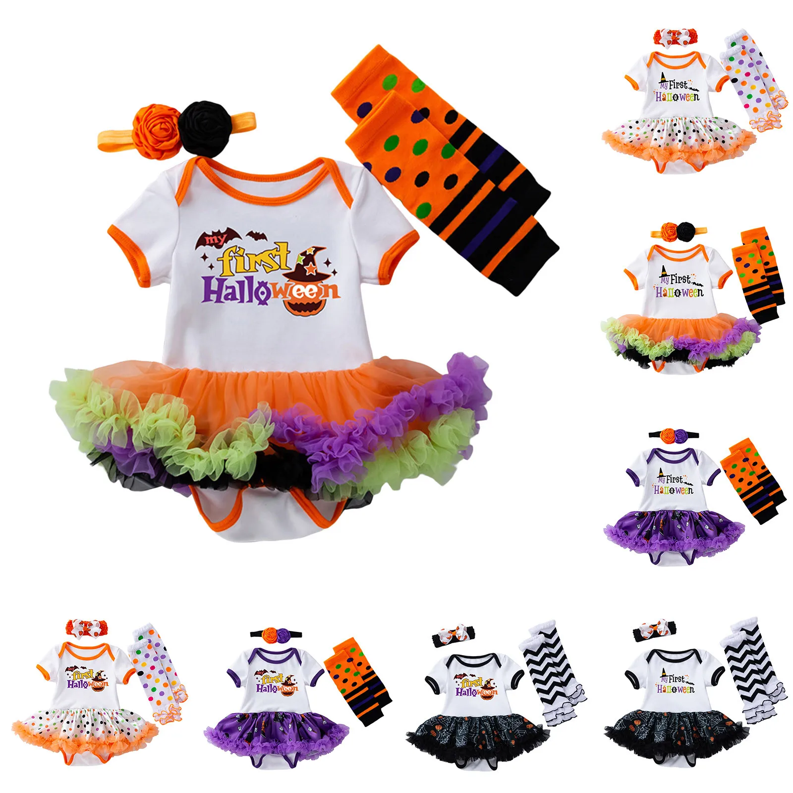 

0-18M 1st Halloween Baby Clothes Set Toddler Girls Short Sleeve Letter Pumpkin Print Jumpsuits Newborn Infant Bodysuit Outfits